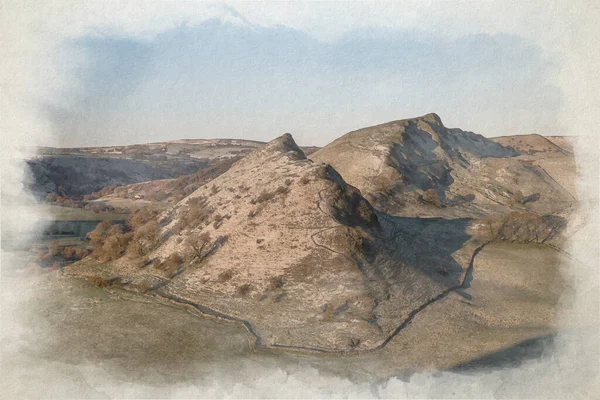 英国山顶区国家公园德比郡赫特山的Parkhouse Hill和Chrome Hill日出数字水彩画 — 图库照片
