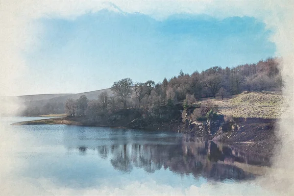 Erwood Reservoir Goyt Valley Digital Watercolour Painting Derbyshire Peak District — Stock Photo, Image