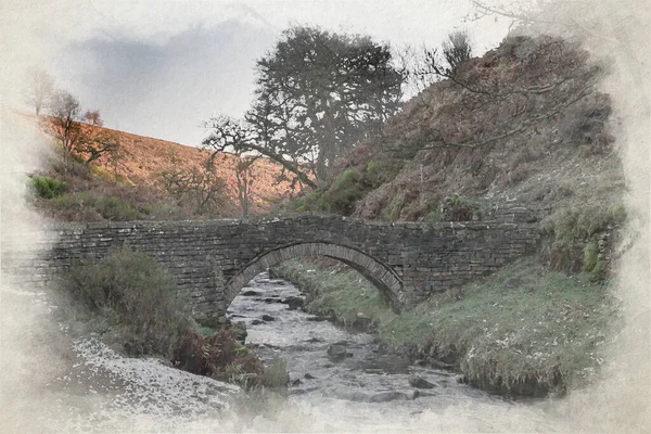 Cyfrowy Akwarelowy Obraz Mostu Konnego Dolinie Goyt Derbyshire Peak District — Zdjęcie stockowe