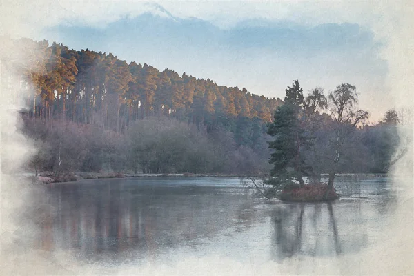Ένας Ψηφιακός Πίνακας Υδατογραφίες Των Δασών Και Των Λιμνών Ψαρέματος — Φωτογραφία Αρχείου