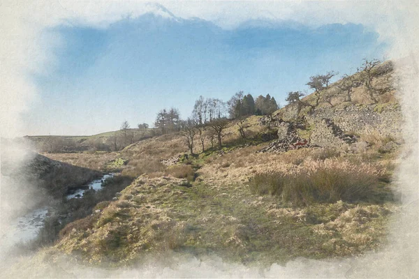 Cyfrowy Obraz Akwarelowy Widokiem Potok Cheesden Dolinę Cheesden Lum Mill — Zdjęcie stockowe