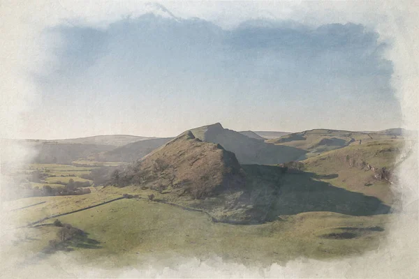 Digital Akvarellmålning Solnedgången Parkhouse Hill Och Chrome Hill Från Hitter — Stockfoto