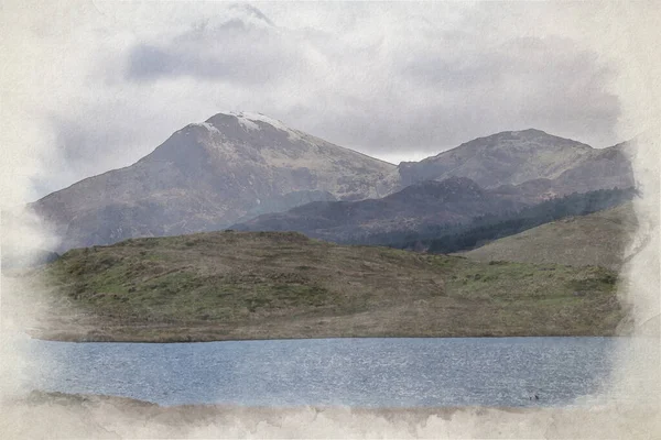 Digitale Aquarellmalerei Von Moel Hebog Aus Llyn Dywarchen Eryri National — Stockfoto