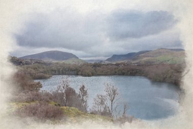 Dorothea Slate Quarry dijital suluboya tablo, Nantlle Valley, Wales, Gwynedd, İngiltere.