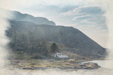 Gwynedd, Galler 'deki Blaenau Ffestiniog' da terk edilmiş Cwmorthin Terrace ve Rhosydd Slate Quarry 'nin dijital suluboya tablosu..