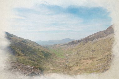 Cwm Croesor 'un muhteşem manzarası. Cnicht, Gwynedd, Galler 'den dijital bir suluboya resim.