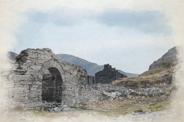 Gwynedd, Galler 'deki Blaenau Ffestiniog' da terk edilmiş Cwmorthin Terrace ve Rhosydd Slate Quarry 'nin dijital suluboya tablosu..