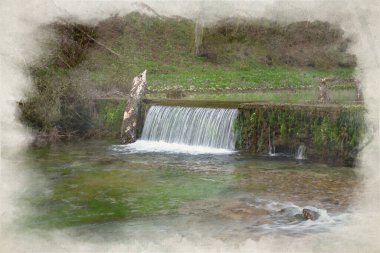 Lathkill Nehri, Lathkill Dale, Peak District Ulusal Parkı, Derbyshire, İngiltere 'de akan suyun dijital suluboya resmi ve şelale şelaleleri..