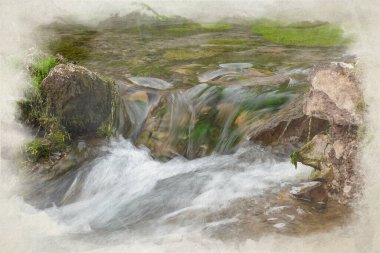Lathkill Nehri, Lathkill Dale, Peak District Ulusal Parkı, Derbyshire, İngiltere 'de akan suyun dijital suluboya resmi ve şelale şelaleleri..