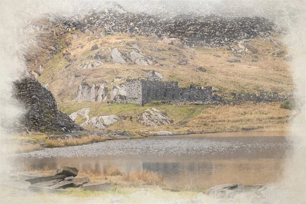 放棄されたクロムリンテラスとロシッドスレート採石場のデジタル水彩画 イギリス ウェールズ グウィネッドのBlaenau Festiniog — ストック写真