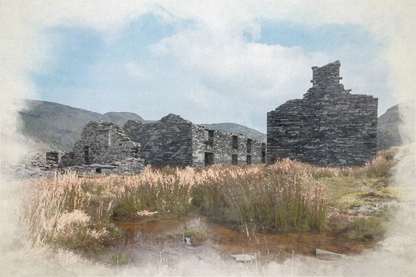 Cyfrowy Obraz Akwarelowy Opuszczonego Tarasu Cwmorthin Kamieniołomu Łupkowego Rhosydd Blaenau — Zdjęcie stockowe