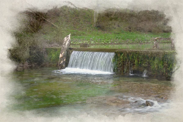 Digitální Akvarelová Malba Tekoucí Vody Vodopádových Kaskád Řece Lathkill Lathkill — Stock fotografie