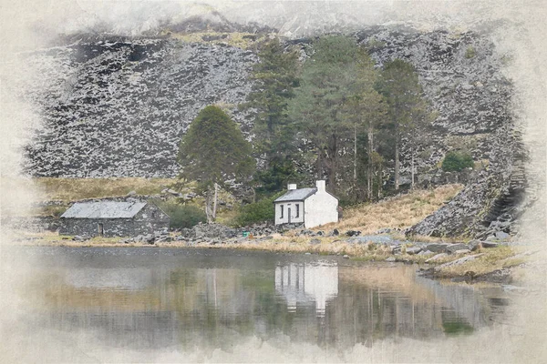 Cyfrowy Obraz Akwarelowy Opuszczonego Tarasu Cwmorthin Kamieniołomu Łupkowego Rhosydd Blaenau — Zdjęcie stockowe