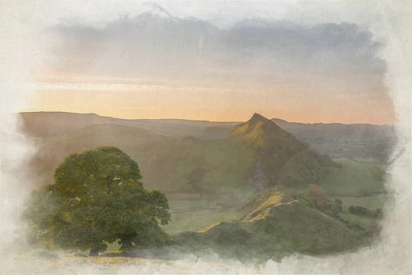 Digital Akvarellmålning Soluppgången Parkhouse Hill Från Chrome Hill Derbyshire Peak — Stockfoto