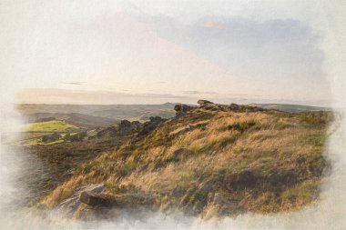 Staffordshire, Peak District Ulusal Parkı 'nda gün batımında The Roaches' ın trigonometri noktasının dijital suluboya resmi..