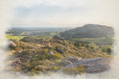 The Roaches 'ın dijital suluboya tablosu ve Ramshaw Kayalıkları' ndan Hen Cloud, Peak District Ulusal Parkı. Staffordshire, İngiltere.