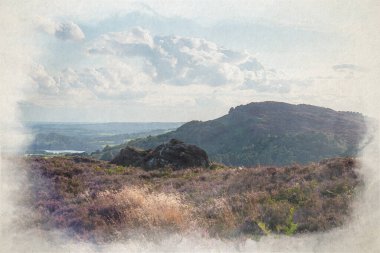 The Roaches 'ın dijital suluboya tablosu ve Ramshaw Kayalıkları' ndan Hen Cloud, Peak District Ulusal Parkı. Staffordshire, İngiltere.