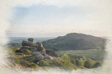 The Roaches 'ın dijital suluboya tablosu ve Ramshaw Kayalıkları' ndan Hen Cloud, Peak District Ulusal Parkı. Staffordshire, İngiltere.