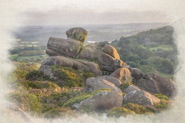 The Roaches 'ın dijital suluboya tablosu ve Ramshaw Kayalıkları' ndan Hen Cloud, Peak District Ulusal Parkı. Staffordshire, İngiltere.