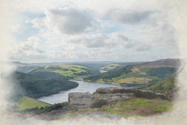 Bamford Edge of the Ashopton Viaduct, Ladybower Reservoir, ve Crook Hill in Peak District Ulusal Parkı, Derbyshire, İngiltere 'deki dijital suluboya tablosu..