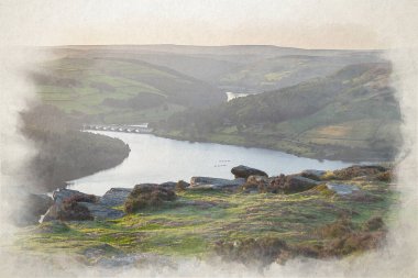 Bamford Edge of the Ashopton Viaduct, Ladybower Reservoir, ve Crook Hill in Peak District Ulusal Parkı, Derbyshire, İngiltere 'deki dijital suluboya tablosu..