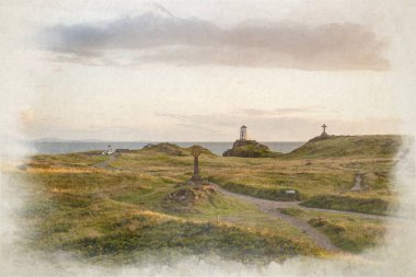 The Llanddwyn island lighthouse. Twr Mawr digital watercolor painting at Ynys Llanddwyn, Ynys Mon, Wales, UK. clipart