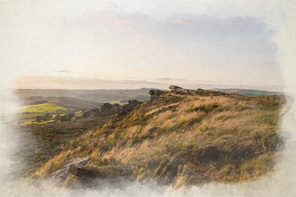 Cyfrowe Malowanie Akwarelowe Punktu Trygonometrii Szczycie Karaluchów Zachodzie Słońca Staffordshire — Zdjęcie stockowe