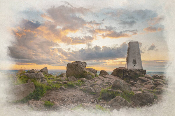 Digital watercolour painting of the trigonometry point on top of The Roaches at sunset in the Staffordshire, Peak District National Park, UK.