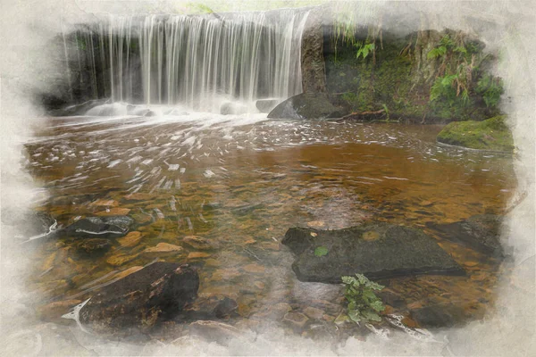 Digitale Aquarellmalerei Mit Langzeitbelichtung Eines Kleinen Wasserfalls Kynpersley Reservoir Einer — Stockfoto