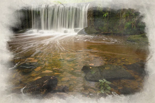 Cyfrowy Obraz Akwarelowy Długim Efektem Ekspozycji Małego Wodospadu Zbiorniku Kynpersley — Zdjęcie stockowe