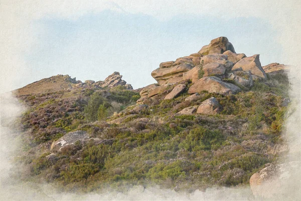 Cyfrowy Akwarelowy Obraz Karaluchów Chmury Kura Ramshaw Rocks Peak District — Zdjęcie stockowe