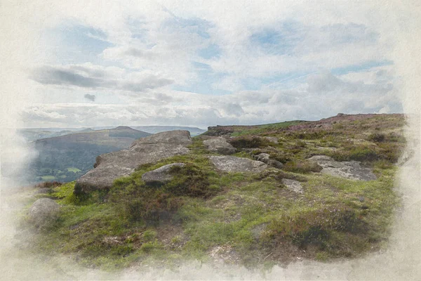 Digital Akvarellmålning Utsikten Från Bamford Edge Mot Win Hill Peak — Stockfoto