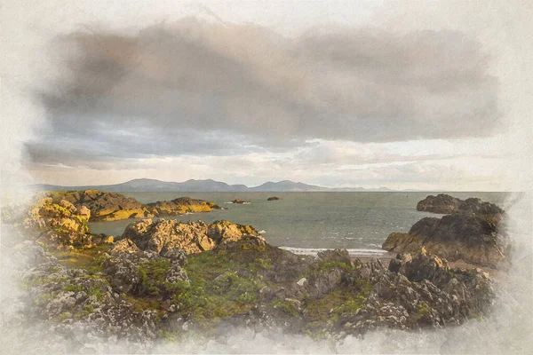 Cyfrowy Akwarelowy Obraz Widoku Llyńskiego Półwyspu Ynys Llanddwyn Ynys Mon — Zdjęcie stockowe