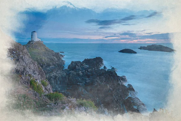 Φάρος Του Νησιού Λαντγουίν Twr Mawr Digital Watercolor Painting Ynys — Φωτογραφία Αρχείου