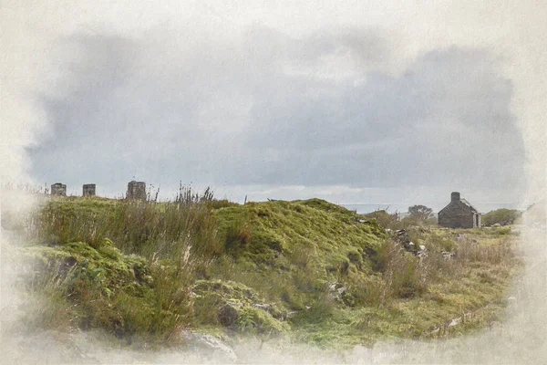 英国威尔士Eryri国家公园下Moel Siabod的Capel Curig废弃罗氏石板采石场的数字水彩画 — 图库照片