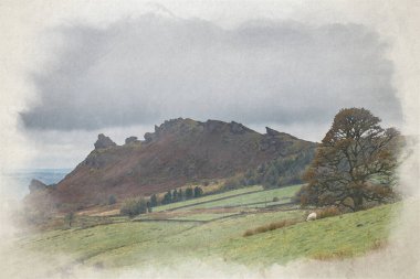 Ramshaw Kayalıkları 'nda, The Roaches, Peak District Ulusal Parkı' nda sera ve kayaların günbatımı dijital suluboya resmi..