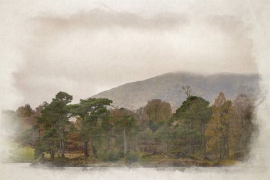 İngiliz Lake District 'teki Tarn Hows' da güzel ve karamsar sabah resminin dijital bir suluboya resmi. Yewdale Crag ve Holme Fell 'in sonbahar manzarası var..