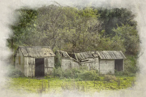 イギリスの田舎にある おいしい 使い捨ての木造建築物や森の田園デジタル水彩画 — ストック写真