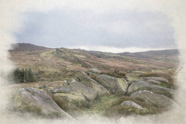 Gib Torr 'un kışın Staffordshire, Peak District Ulusal Parkı' nda hamamböcekleri, Ramshaw Kayaları ve Hen Bulutu 'na bakan dijital suluboya tablosu..