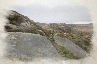 Gib Torr 'un kışın Staffordshire, Peak District Ulusal Parkı' nda hamamböcekleri, Ramshaw Kayaları ve Hen Bulutu 'na bakan dijital suluboya tablosu..