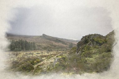 Gib Torr 'un kışın Staffordshire, Peak District Ulusal Parkı' nda hamamböcekleri, Ramshaw Kayaları ve Hen Bulutu 'na bakan dijital suluboya tablosu..