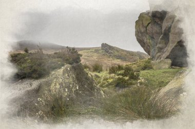 Gib Torr 'un kışın Staffordshire, Peak District Ulusal Parkı' nda hamamböcekleri, Ramshaw Kayaları ve Hen Bulutu 'na bakan dijital suluboya tablosu..