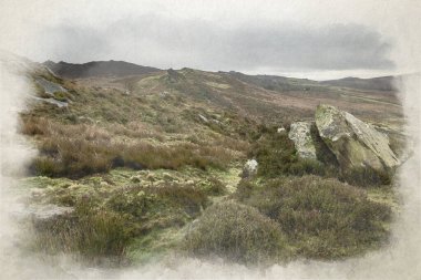 Gib Torr 'un kışın Staffordshire, Peak District Ulusal Parkı' nda hamamböcekleri, Ramshaw Kayaları ve Hen Bulutu 'na bakan dijital suluboya tablosu..