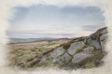 Gib Torr 'un kışın Staffordshire, Peak District Ulusal Parkı' nda hamamböcekleri, Ramshaw Kayaları ve Hen Bulutu 'na bakan dijital suluboya tablosu..