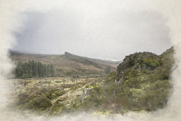 英国山顶区国家公园斯塔福德郡冬季的吉布托尔朝向蟑螂 拉姆肖岩石和哼哼云的数字式水彩画 — 图库照片