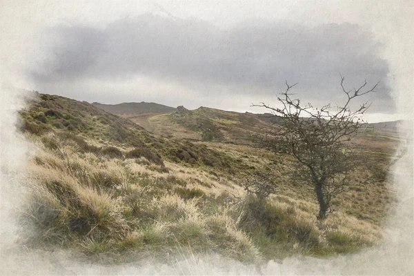 英国山顶区国家公园斯塔福德郡冬季的吉布托尔朝向蟑螂 拉姆肖岩石和哼哼云的数字式水彩画 — 图库照片