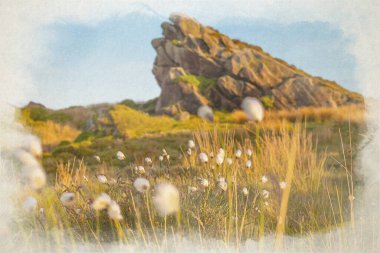 Gib Torr 'un günbatımında Peak District Ulusal Parkı' nda hamamböcekleri, Ramshaw Kayaları ve Hen Bulutu 'na bakan dijital bir suluboya resmi..