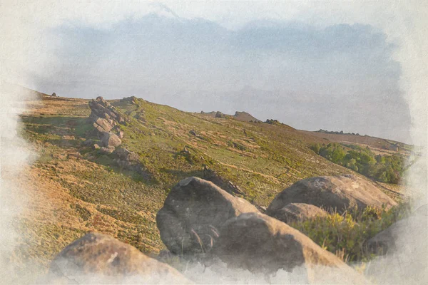 stock image A digital watercolour painting of Gib Torr looking towards the Roaches, Ramshaw Rocks, and Hen Cloud at sunset in the Peak District National Park.