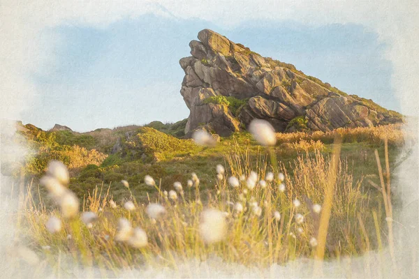 stock image A digital watercolour painting of Gib Torr looking towards the Roaches, Ramshaw Rocks, and Hen Cloud at sunset in the Peak District National Park.