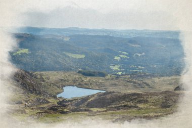 Capel Curig 'deki terk edilmiş Foel Slate Quarry' nin dijital suluboya tablosu, Eryri Ulusal Parkı, Galler, İngiltere.